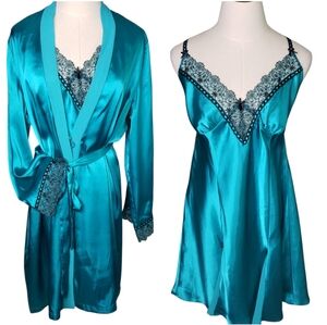 Vintage Satin Teal Lace Trim Robe Chimise Slip Boudoir Sleep Intimates Set L/XL